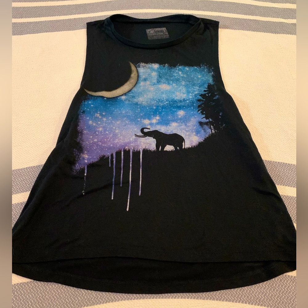 Black Sleeveless Top with Moon and Elephant Design from Curbside Clothing.